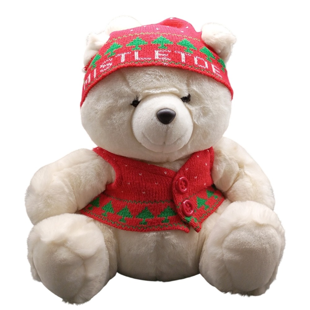 Marshall Field's Mistletoe Polar Bear Plush Christmas Red Knit Vest Hat 18"